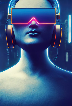 Portrait of Buddha in a futuristic cyberpunk style. Futuristic reality and cyberpunk concept. 3D renderの素材