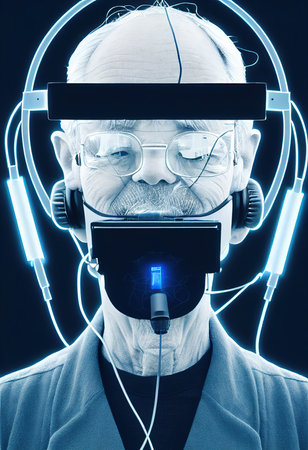 Fictional portrait of a grandfather in a futuristic cyberpunk style with a cyber headset. A high-tech man from the future. The concept of virtual reality and cyberpunk. 3D renderの素材