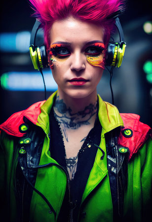 Fictional portrait of a fictional punk pretty girl with headphones and pink hair. Hipster girl with punk hair. 3D renderの素材