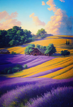 Sunrise over the beautiful pink-purple hills. Blooming heather fields. 3D renderingの素材