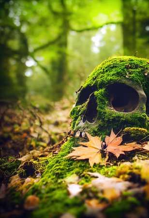 A horrible ancient skull covered with moss lies in a green autumn forest. 3D rendering.の素材