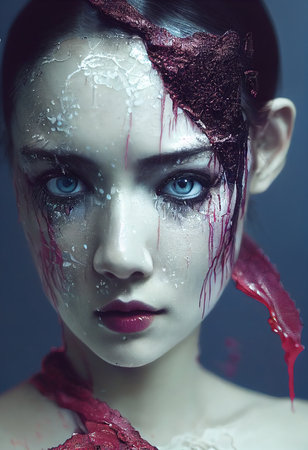 Abstract portrait of a girl drenched in paint. Painted woman in paint. Creative beautiful girl. 3d renderingの素材