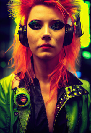 Fictional portrait of a fictional punk pretty girl with headphones and red hair. Hipster girl with punk hair. 3D renderの素材