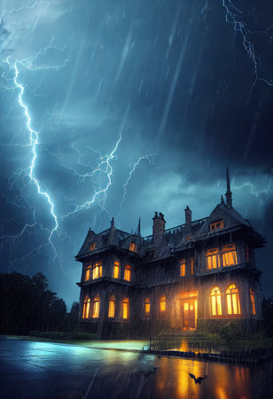 Mystical and spooky castle in the darkness and lightning flashes. An ancient historical castle. 3D rendering.の素材