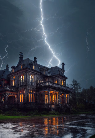 Mystical and spooky castle in the darkness and lightning flashes. An ancient historical castle. 3D rendering.の素材