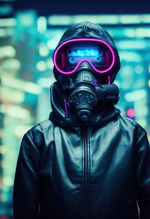 A stalker survivor in protective clothing and an neon gas mask. Survivor of nuclear war. 3d renderingの素材