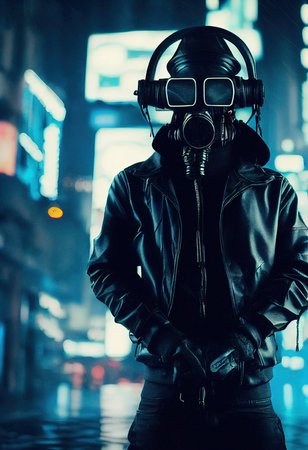 A stalker survivor in protective clothing and an neon gas mask. Survivor of nuclear war. 3d renderingの素材
