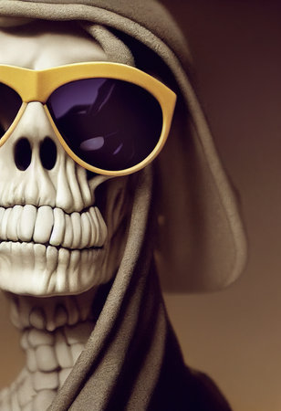 Portrait of a zombie skeleton from hell with fancy sunglasses. Halloween Concept. 3D rendering.の素材