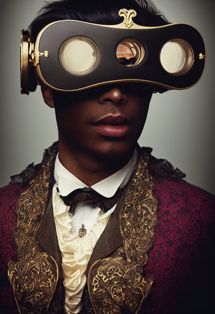 Portrait of a Victorian man wearing virtual goggles. A man from the olden days playing VR games. 3D renderingの素材