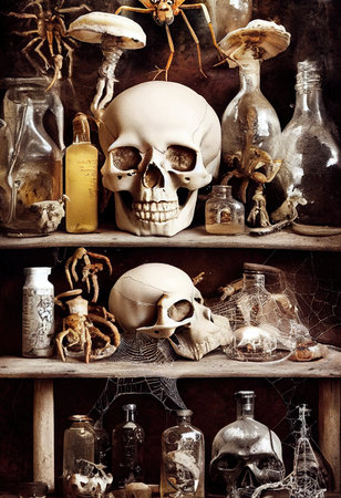 An abstract depiction of the workplace of an ancient alchemist, with skull, beakers, and spiders. 3D renderの素材