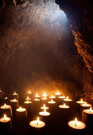 Creepy ancient cave with burning candles and skulls. An old abandoned grotto with bones. 3D rendering.の素材