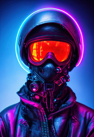 A stalker survivor in protective clothing and an neon gas mask. Survivor of nuclear war. 3d renderingの素材