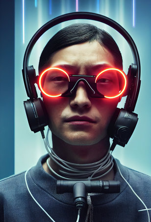 Realistic portrait of a grandfather in a futuristic cyberpunk style with a cyber headset. A high-tech man from the future. The concept of virtual reality and cyberpunk. 3D renderの素材