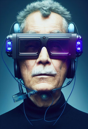 Realistic portrait of a grandfather in a futuristic cyberpunk style with a cyber headset. A high-tech man from the future. The concept of virtual reality and cyberpunk. 3D renderの素材