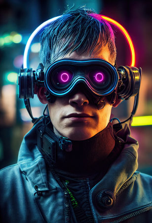 Portrait of a man wearing a cyberpunk headset and cyberpunk gear. A high-tech futuristic man from the future. The concept of virtual reality and cyberpunk. 3D rendering.の素材