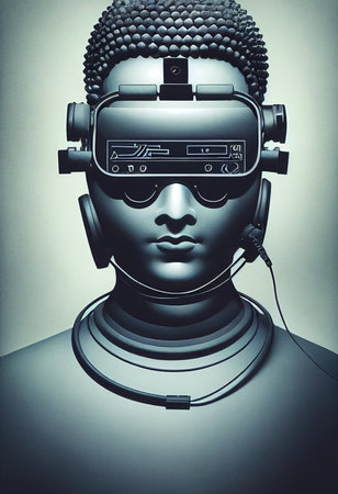 Portrait of Buddha in a futuristic cyberpunk style. Futuristic reality and cyberpunk concept. 3D renderの素材