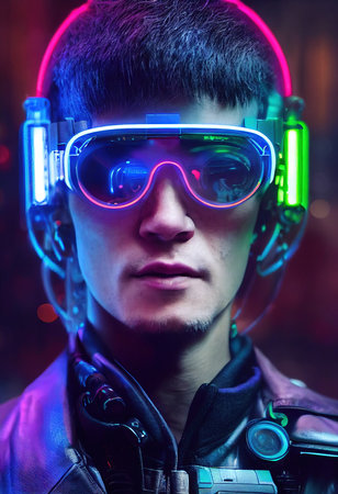 Portrait of a man wearing a cyberpunk headset and cyberpunk gear. A high-tech futuristic man from the future. The concept of virtual reality and cyberpunk. 3D rendering.の素材