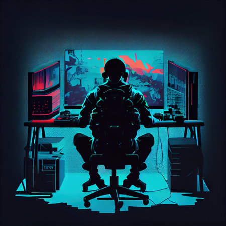 Portrait of a sci-fi cyberpunk hacker. High-tech futuristic man from the future. Generative AI Art.の素材