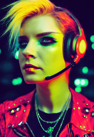 Realistic portrait of a fictional punk pretty girl with headphones and red hair. Hipster girl with punk hair. 3D renderの素材