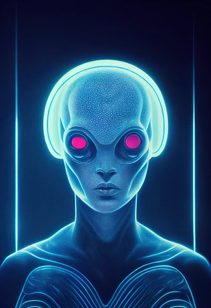 Creepy alien invader against a background of blurry lights. The concept of an alien from an alien planet. 3D renderの素材