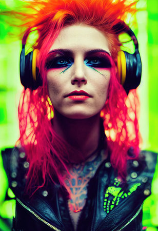 Realistic portrait of a fictional punk pretty girl with headphones and red hair. Hipster girl with punk hair. 3D renderの素材