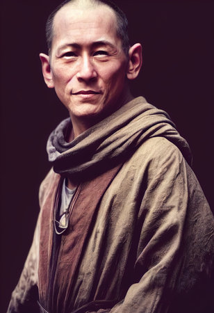 Portrait of a Mysterious Medieval Monk. Monk with a mysterious smile. 3d renderingの素材