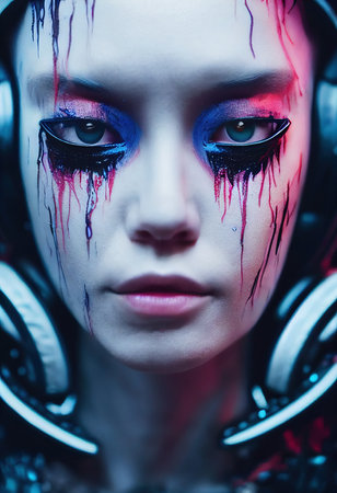 Realistic portrait of a sci-fi cyberpunk warrior. High-tech futuristic woman from the future. The concept of virtual reality and cyberpunk. 3D render.の素材