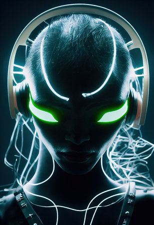 Creepy alien invader against a background of blurry lights. The concept of an alien from an alien planet. 3D renderの素材