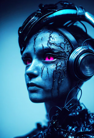 Realistic portrait of a sci-fi cyberpunk warrior. High-tech futuristic woman from the future. The concept of virtual reality and cyberpunk. 3D render.の素材