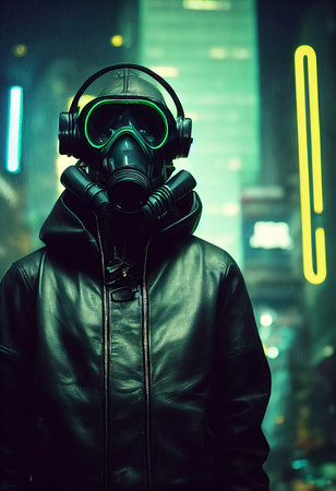 A stalker survivor in protective clothing and an neon gas mask. Survivor of nuclear war. 3d renderingの素材