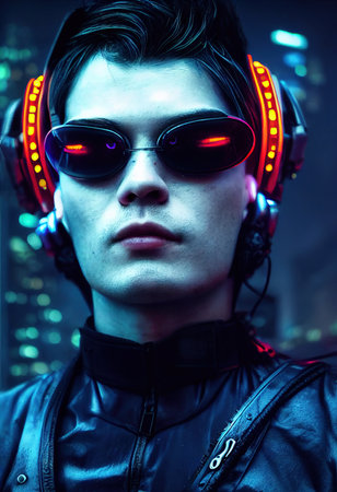 Portrait of a man wearing a cyberpunk headset and cyberpunk gear. A high-tech futuristic man from the future. The concept of virtual reality and cyberpunk. 3D rendering.の素材