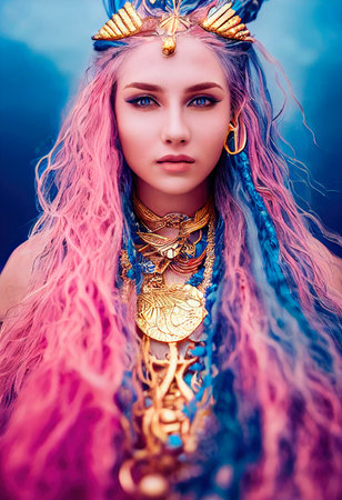 Fantasy pink fictional beauty, fashionable woman with pink hair and blue eyes. Creative beautiful pink girl. 3D renderの素材