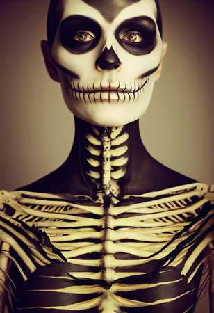 A horrible ancient skeleton with nightmarish makeup. 3D rendering.の素材