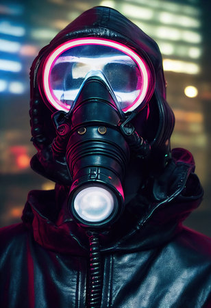 A stalker survivor in protective clothing and an neon gas mask. Survivor of nuclear war. 3d renderingの素材