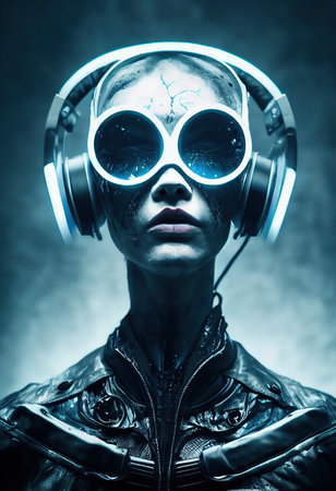 Portrait of a sci-fi cyberpunk girl. High-tech futuristic woman from the future. The concept of virtual reality and cyberpunk. 3D render.の素材