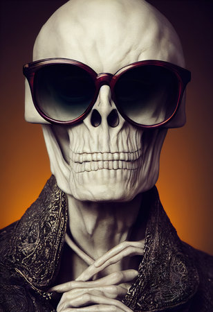 Portrait of a zombie skeleton from hell with fancy sunglasses. Halloween Concept. 3D rendering.の素材