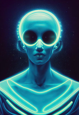 Creepy alien invader against a background of blurry lights. The concept of an alien from an alien planet. 3D renderの素材