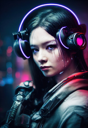 Realistic portrait of a sci-fi cyberpunk girl. High-tech futuristic woman from the future. The concept of virtual reality and cyberpunk. 3D render.の素材