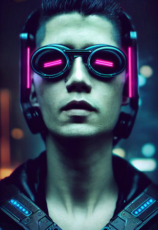 A realistic portrait of a man in neon light wearing a cyberpunk headset and cyberpunk gear. A high-tech futuristic man from the future. The concept of virtual reality and cyberpunk. 3D renderingの素材
