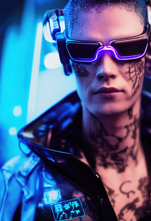 A realistic portrait of a man in neon light wearing a cyberpunk headset and cyberpunk gear. A high-tech futuristic man from the future. The concept of virtual reality and cyberpunk. 3D renderingの素材