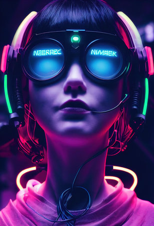 Realistic portrait of a sci-fi cyberpunk girl. High-tech futuristic woman from the future. The concept of virtual reality and cyberpunk. 3D render.の素材