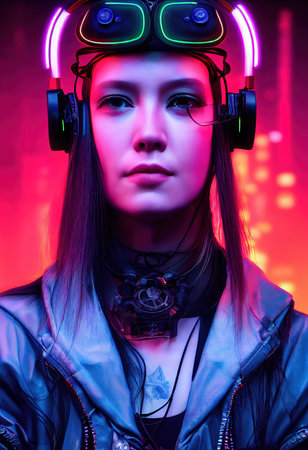 Realistic portrait of a sci-fi cyberpunk girl. High-tech futuristic woman from the future. The concept of virtual reality and cyberpunk. 3D render.の素材