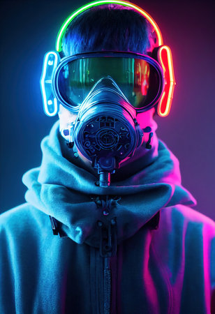 A stalker survivor in protective clothing and an neon gas mask. Survivor of nuclear war. 3d renderingの素材