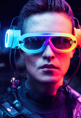 Portrait of a man wearing a cyberpunk headset and cyberpunk gear. A high-tech futuristic man from the future. The concept of virtual reality and cyberpunk. 3D rendering.の素材