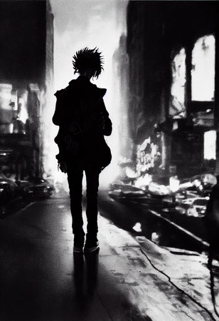 Black and white portrait of a punk walking down the street. Hipster on a walk. 3D renderingの素材