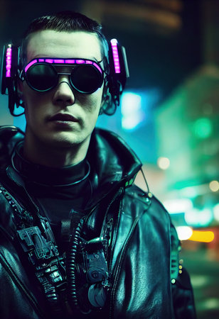 A realistic portrait of a man in neon light wearing a cyberpunk headset and cyberpunk gear. A high-tech futuristic man from the future. The concept of virtual reality and cyberpunk. 3D renderingの素材