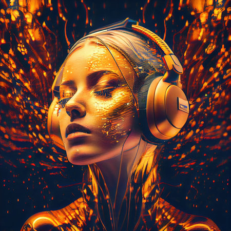 A portrait of a creative beauty wearing fancy headphones. A lover of fashionable music.の素材