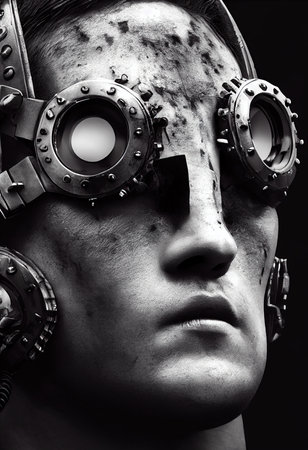 Portrait of a man wearing a cyberpunk headset and cyberpunk gear. A high-tech futuristic man from the future. The concept of virtual reality and cyberpunk. 3D rendering.の素材