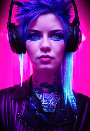 Realistic portrait of a fictional punk pretty girl with headphones and blue hair. Hipster girl with punk hair. 3D renderの素材