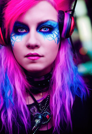 Realistic portrait of a fictional punk pretty girl with headphones and blue-pink hair. Hipster girl with punk hair. 3D renderの素材